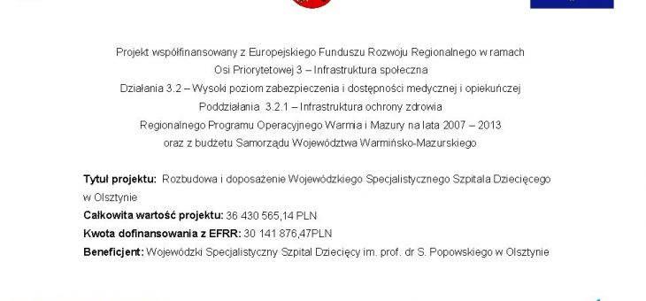 Rozbudowa i doposażenie Wojewódzkiego Specjalistycznego Szpitala Dziecięcego w Olsztynie – ZAKOŃCZONY